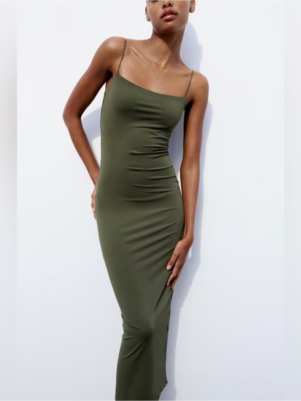 Zara Olive Green Slim Slip Midi Dress - Women